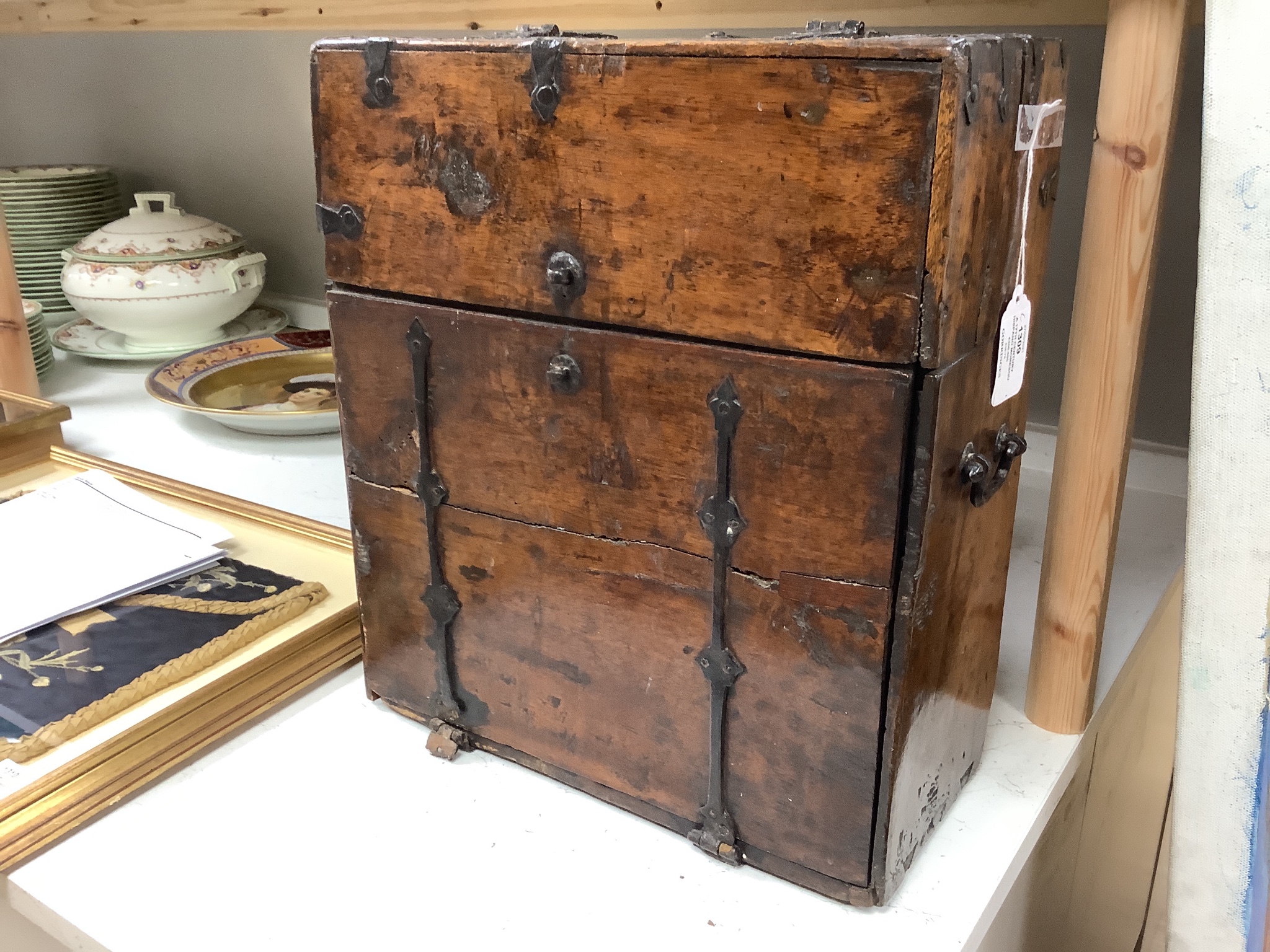 A 17th century Hispano Moresque bone inlaid walnut table cabinet 40cm